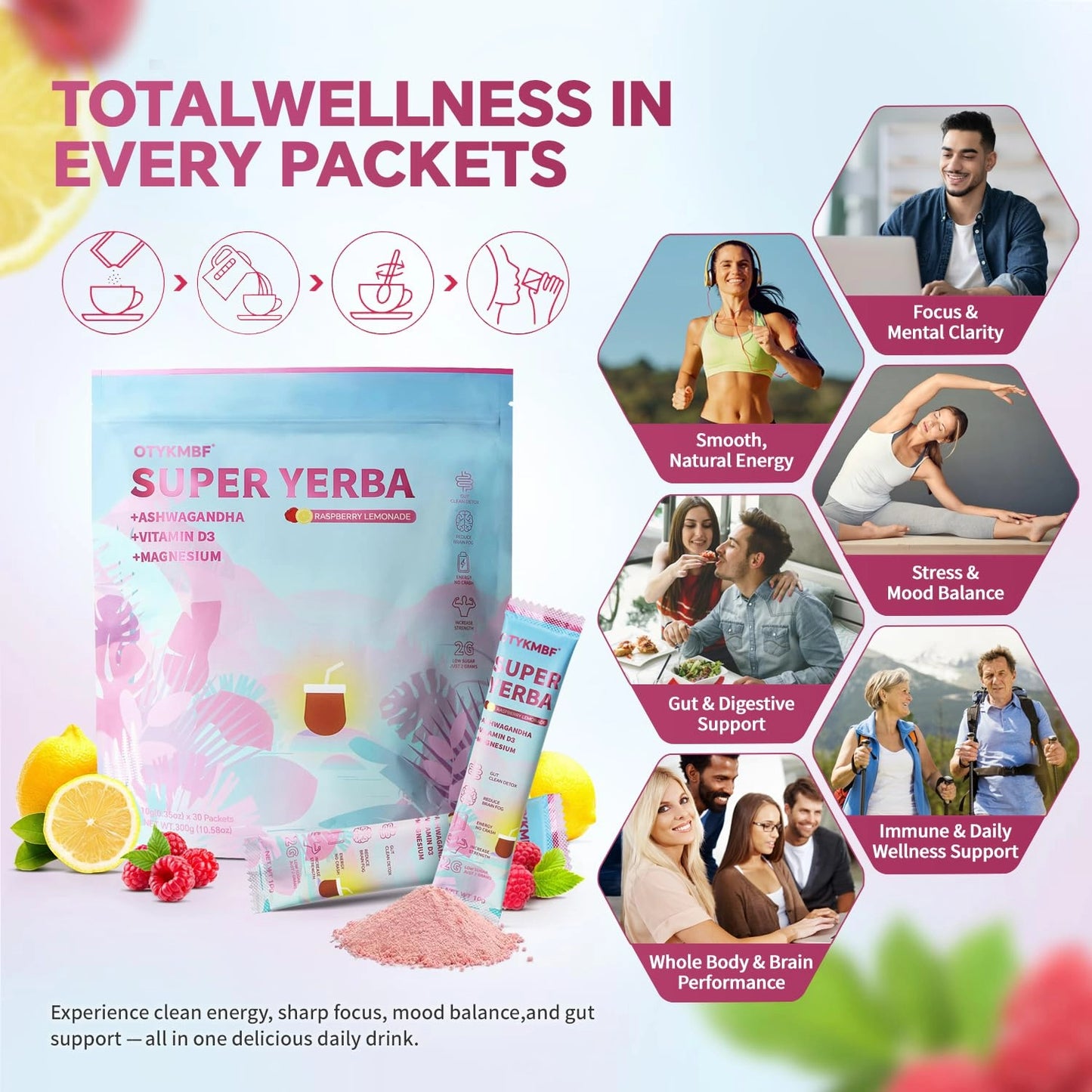 Super Yerba Instant Yerba Mate Powder Sticks – Raspberry Lemonade (30-Pack)
