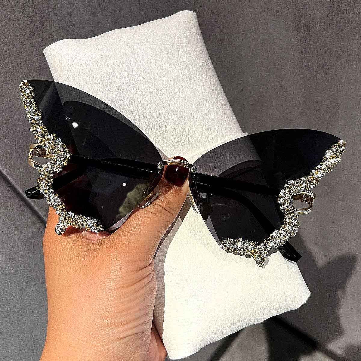 Butterfly Frame Sunglasses with Rhinestones Stylish UV400 Protection: Gold Frame Black Lens Hu - Ashley’s Emporium
