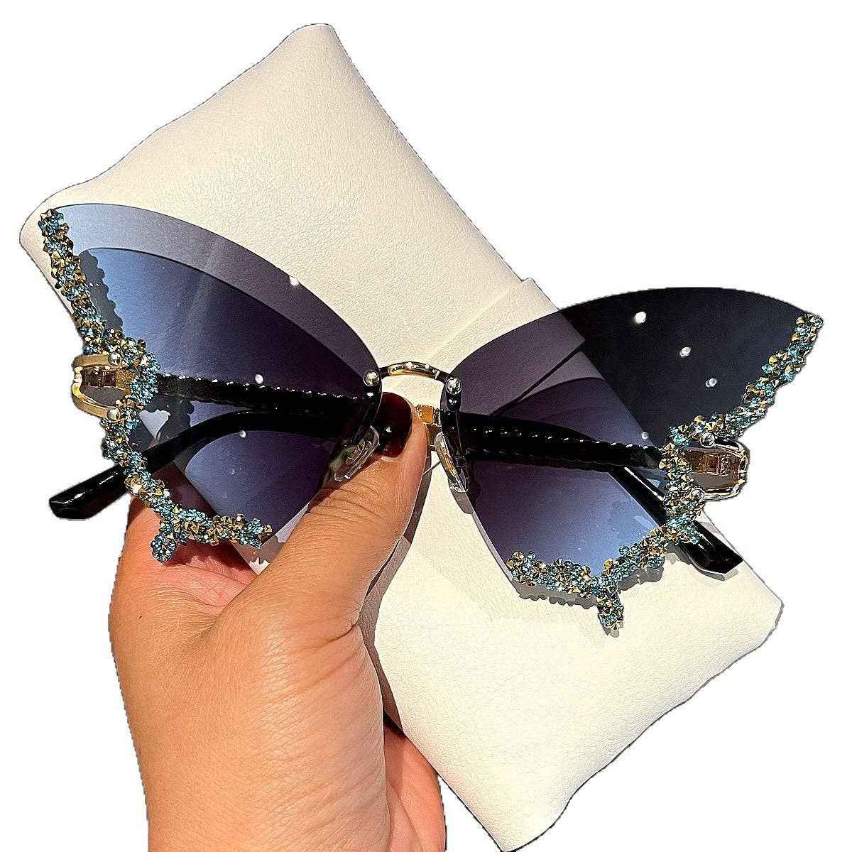 Butterfly Frame Sunglasses with Rhinestones Stylish UV400 Protection: Gold Frame Black Lens Hu - Ashley’s Emporium