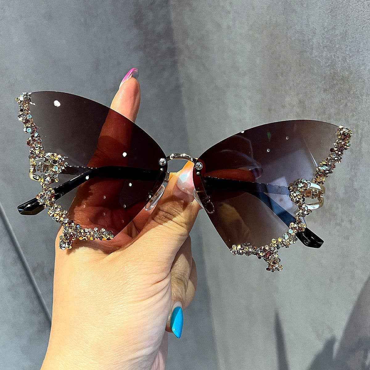 Butterfly Frame Sunglasses with Rhinestones Stylish UV400 Protection: Gold Frame Black Lens Hu - Ashley’s Emporium