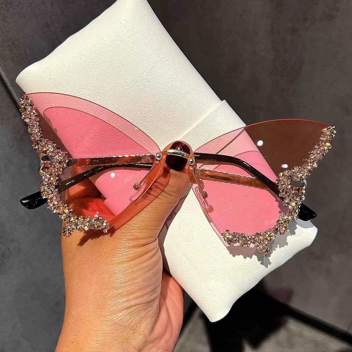 Butterfly Frame Sunglasses with Rhinestones Stylish UV400 Protection: Gold Frame Black Lens Hu - Ashley’s Emporium