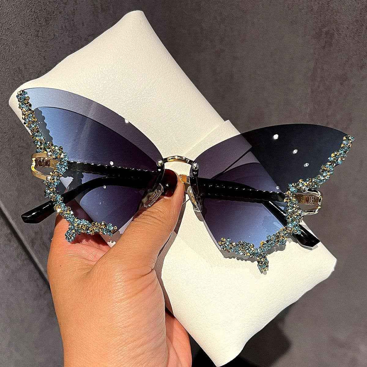 Butterfly Frame Sunglasses with Rhinestones Stylish UV400 Protection: Gold Frame Black Lens Hu - Ashley’s Emporium
