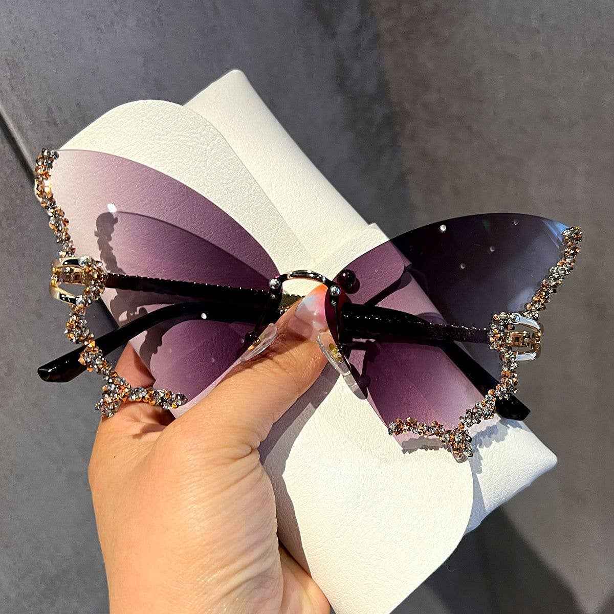 Butterfly Frame Sunglasses with Rhinestones Stylish UV400 Protection: Gold Frame Black Lens Hu - Ashley’s Emporium