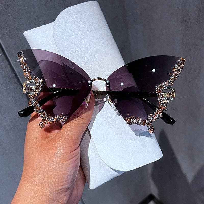 Butterfly Frame Sunglasses with Rhinestones Stylish UV400 Protection: Gold Frame Black Lens Hu - Ashley’s Emporium