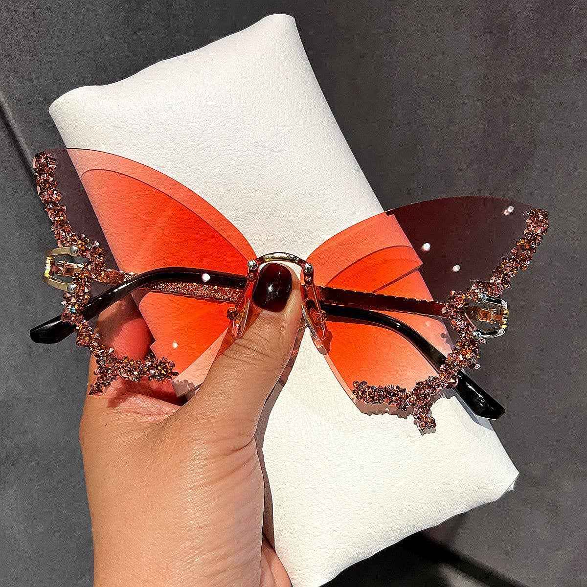 Butterfly Frame Sunglasses with Rhinestones Stylish UV400 Protection: Gold Frame Black Lens Hu - Ashley’s Emporium