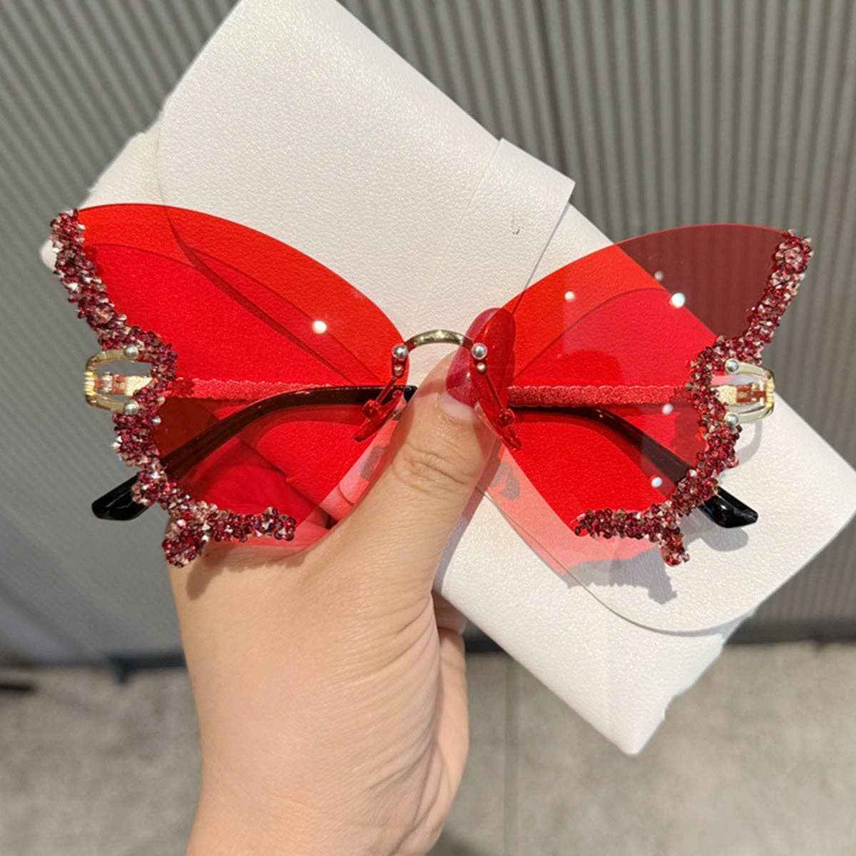 Butterfly Frame Sunglasses with Rhinestones Stylish UV400 Protection: Gold Frame Black Lens Hu - Ashley’s Emporium