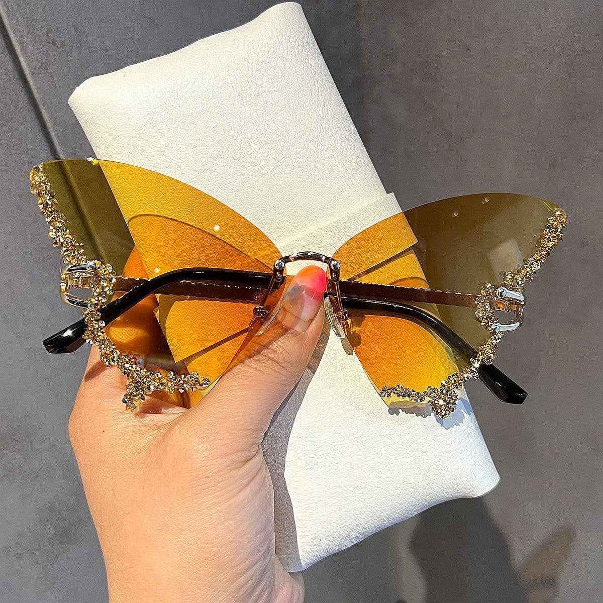 Butterfly Frame Sunglasses with Rhinestones Stylish UV400 Protection: Gold Frame Black Lens Hu - Ashley’s Emporium