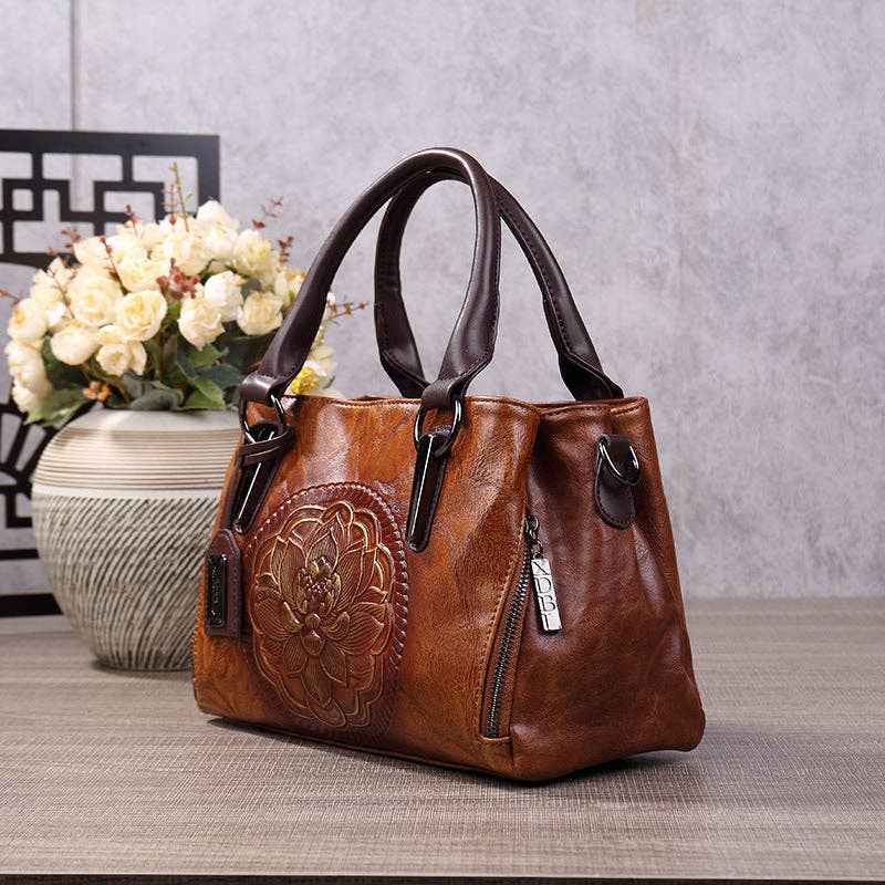 Fashionable Boston Handbag Vintage Embossed Crossbody Bag: Dark Brown - Ashley’s Emporium