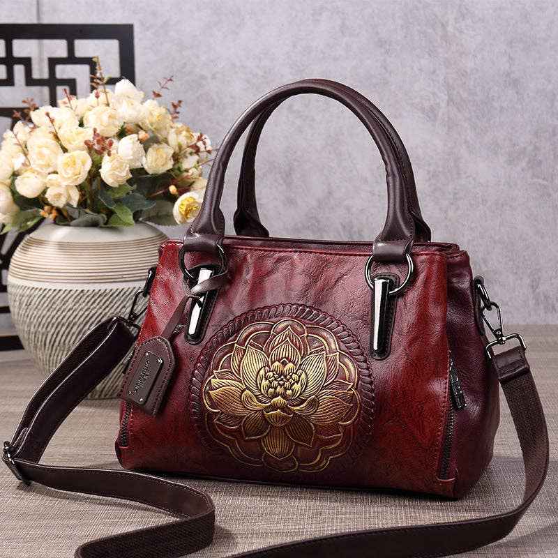 Fashionable Boston Handbag Vintage Embossed Crossbody Bag: Dark Brown - Ashley’s Emporium