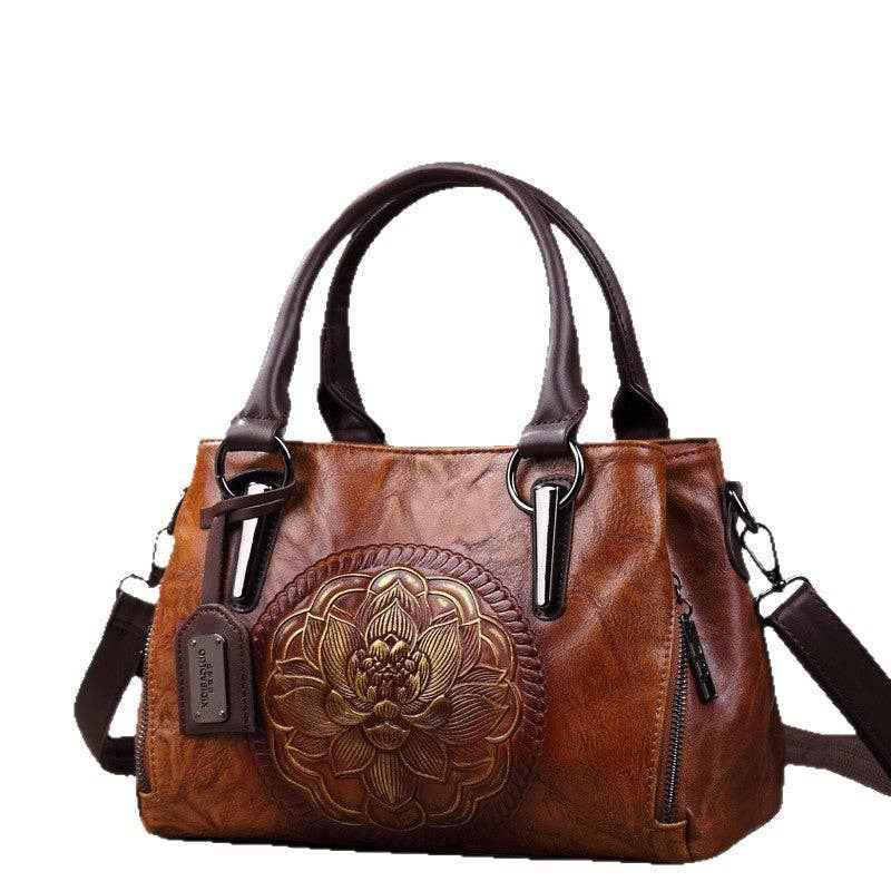 Fashionable Boston Handbag Vintage Embossed Crossbody Bag: Dark Brown - Ashley’s Emporium