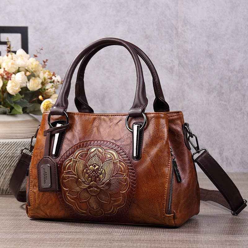 Fashionable Boston Handbag Vintage Embossed Crossbody Bag: Dark Brown - Ashley’s Emporium