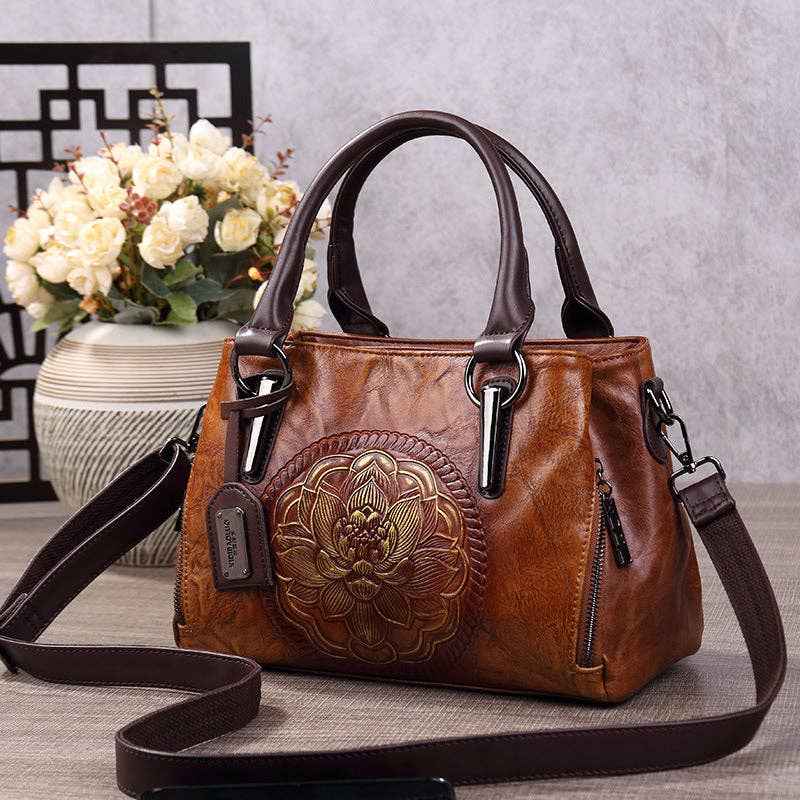 Fashionable Boston Handbag Vintage Embossed Crossbody Bag: Dark Brown - Ashley’s Emporium