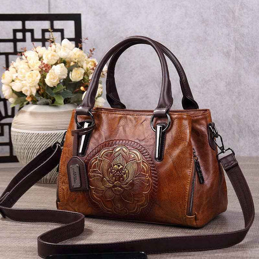 Fashionable Boston Handbag Vintage Embossed Crossbody Bag: Dark Brown - Ashley’s Emporium