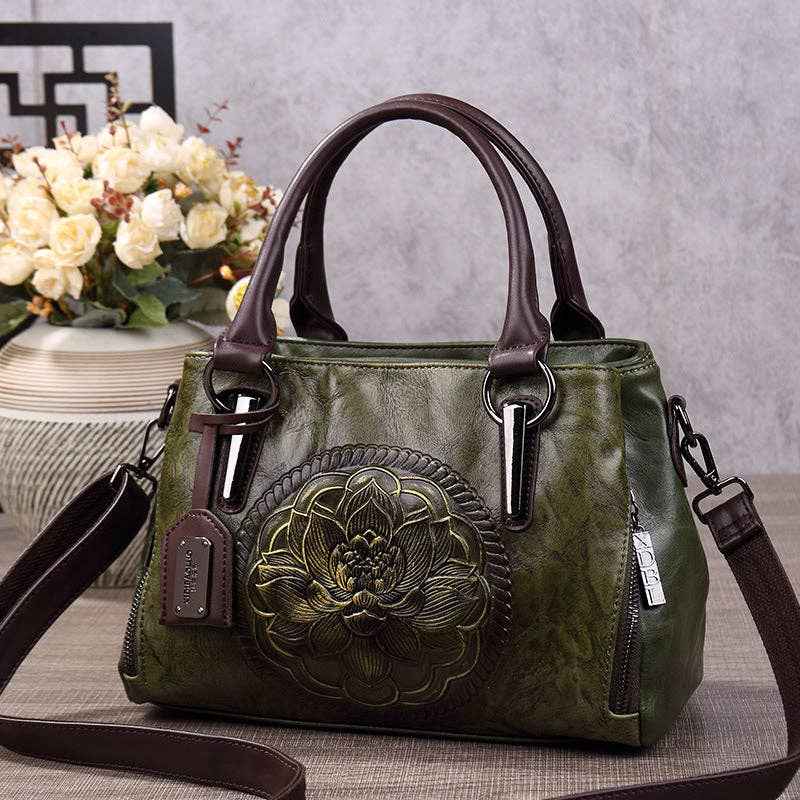 Fashionable Boston Handbag Vintage Embossed Crossbody Bag: Dark Brown - Ashley’s Emporium