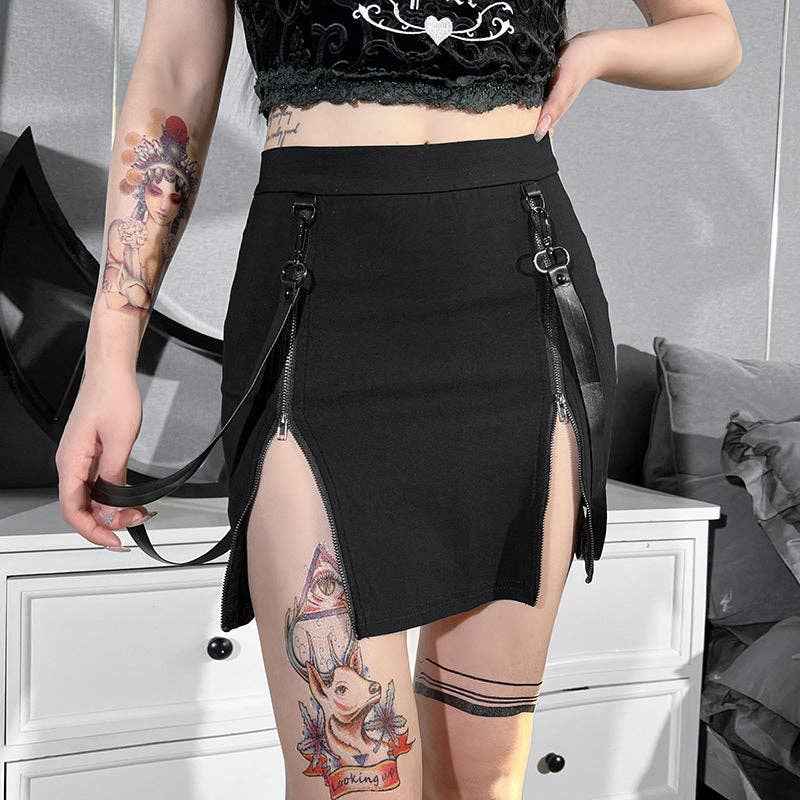 Gothic Design Black Bodycon Midi Skirt with Double Zipper: Black / S (US 2-4/EU 34-36) - Ashley’s Emporium