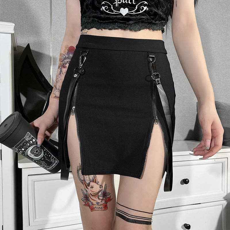 Gothic Design Black Bodycon Midi Skirt with Double Zipper: Black / S (US 2-4/EU 34-36) - Ashley’s Emporium