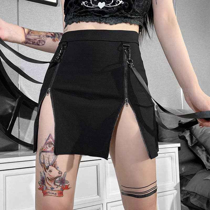 Gothic Design Black Bodycon Midi Skirt with Double Zipper: Black / S (US 2-4/EU 34-36) - Ashley’s Emporium