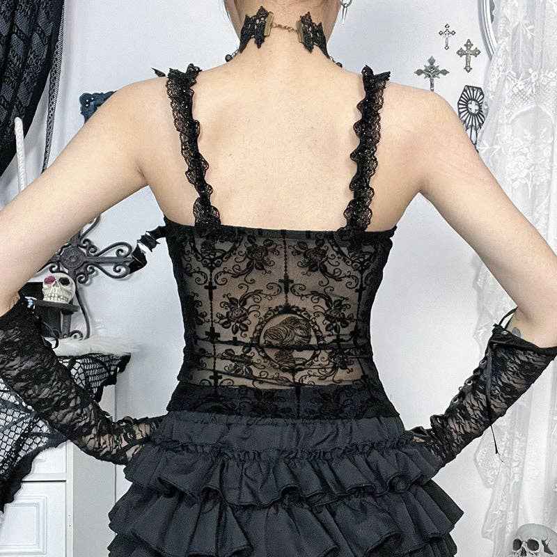 Gothic Style Slim Fit Cami Top with Lace Details: Black / M (US 6/EU 38) - Ashley’s Emporium